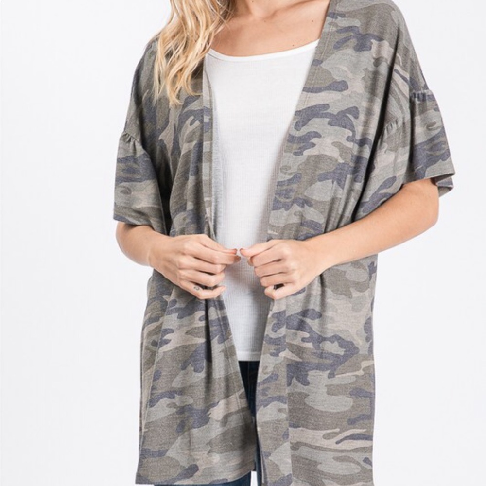 Ruffle Sleeve Camo Cardigan Jacket